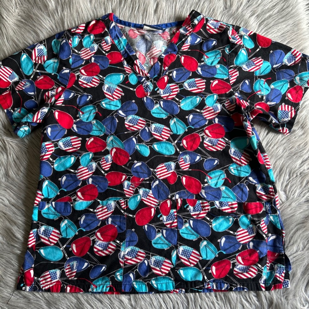 Tafford‎ Fourth Of July Scrub Top Womens American Flag Short Sleeve Work Shirt